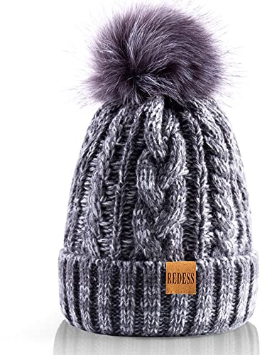 REDESS Wintermütze für Damen, mit Bommel, warmes Fleecefutter, dick, lässig, gestrickt, Skimütze