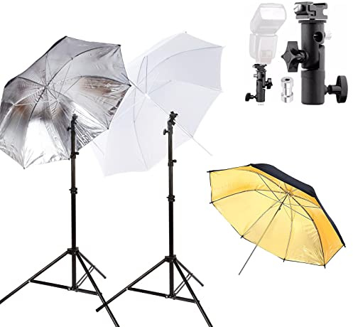 3 Color Photography Umbrella Kit with 2 x Light Stand Flash Holder Bracket Mount Stand Kit 33 Soft White Umbrella Silver Gold Reflective Umbrella for Video Studio Photo Shooting Portrait Photography