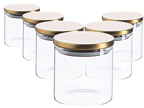 Argon Tableware Scandi Storage Jars with Metallic Gold Lids - 550ml - 6 Pack - Modern Round Organisation Container Glass Jar for Kitchens, Pantry, Bathrooms, Utility Rooms