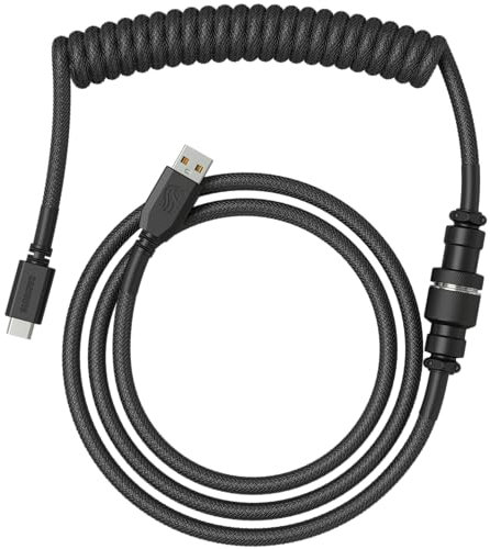 Glorious Gaming Câble de clavier spiralé Premium - Prise plaquée or USB-A (PC) à USB-C (clavier), anti-emmêlement, manchon double tressage, connexion intermédiaire aviation à 5 broches - Phantom Black