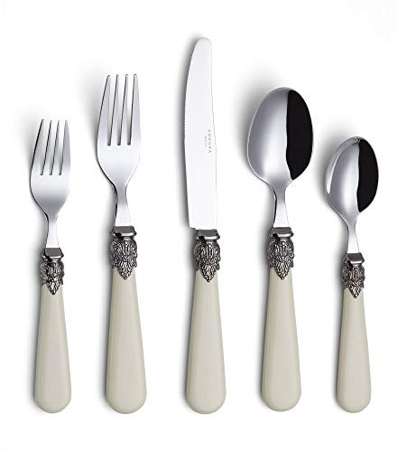 ANNOVA Lot de 20 couverts vintage en acier inoxydable, couleur ivoire, couteau de table, fourchette à salade, cuillère à soupe, cuillère à café, service pour 4 personnes – Crème