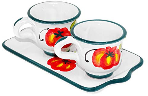 Lashuma 3er Keramik Set, 2X Kaffeetassen mit Tablett, Tassen Füllmenge: 50 ml, Motiv: Tomate Olive