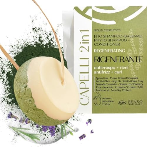Senso Naturale Shampoo und Conditioner Festes Regenerierendes Anti Frizz für Lockiges Haar mit Spirulina Aloe Bergamotte Rosmarin Bockshornklee Lavendel, Natürlich und Biologisch, ph 4,5-5,0 (2 in 1)