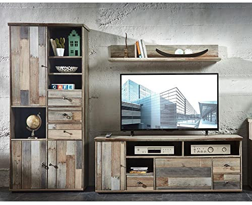 TV-Wohnwand Mediawand Driftwood mit Hochschrank Lowboard Wandregal B/H/T ca. 260/188/52cm