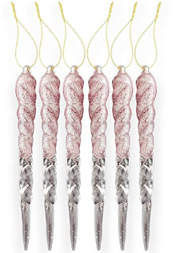 AKH® 13CM / 5 Christmas Hanging Icicles | Icicles Ornaments Bubbles Christmas Tree Decorations | Pack of 6 | Glitter Baubles Christmas Tree Icicle Decorations Hanging (Rose Gold)