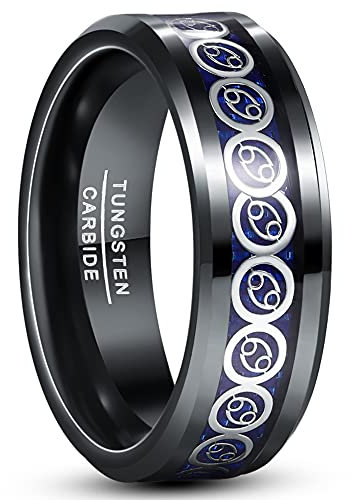 Cloyo Wolfram Ring Männer Schwarzer Ring für Herren Damen 8mm Freundschaftsring Sternzeichen Ring Krebs mit Blaue Kohlefaser Größe 57 (18.1)