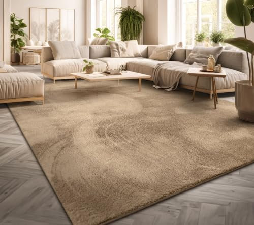 TT Home Teppich Wohnzimmer Kurzflor Anti-Rutsch Rückseite Einfarbiges Design Waschbar, Farbe: Dunkelbeige, Größe:300x400 cm