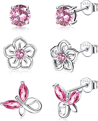 JeweBella 3 Pares Pendientes de tuerca de plata de ley 925 con piedra de nacimiento para niñas y mujeres