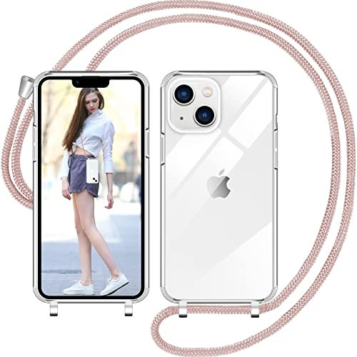 Nupcknn Coque avec Cordon pour iPhone 14 Plus, Transparent Coque Collier Réglable Téléphone Étui Portable Lanyard Cover de iPhone 14 Plus(Or Rose)