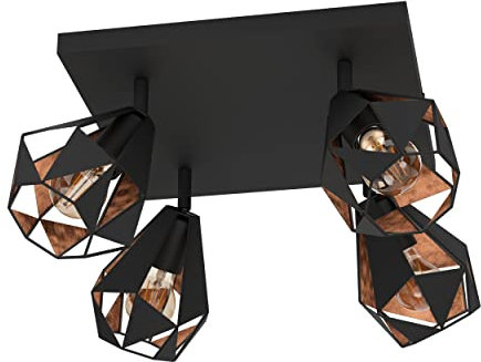 EGLO Deckenlampe Carlton 7, Deckenleuchte mit 4 Spots, Spotbalken Vintage, Industrial, Retro, Wohnzimmerlampe aus Stahl in Schwarz und Kupfer, Lampe Decke mit E27 Fassung