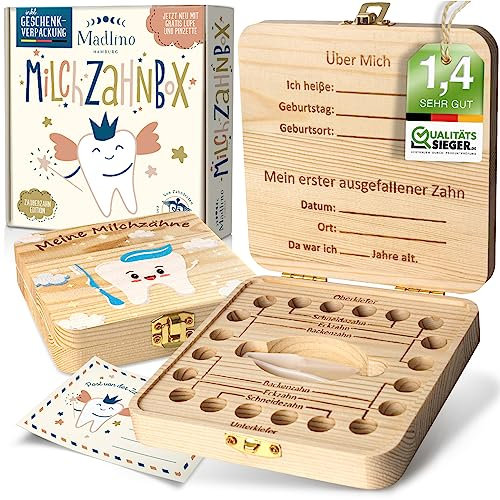 Madlino® Zahndose Milchzähne Jungen & Mädchen inkl. Zahnfeebrief & Lupe - Milchzahndose personalisiert aus Holz - Zahnfee Geschenke - Zahnbox Milchzähne - Die Zahnrettungsbox für den Wackelzahn