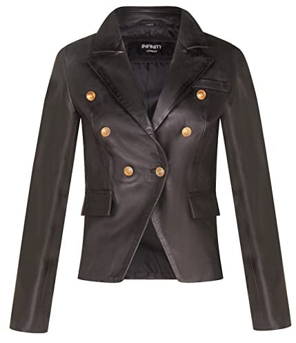 Ladies Black Real Leather Military Blazer Jacket