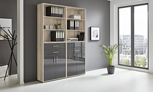 BMG Möbel Aktenschrank Office Edition Set 20, Büroschrank mit Metallgriffen Made in Germany (Eiche Sonoma/Anthrazit Hochglanz)