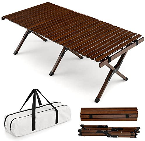 KOMFOTTEU Campingtisch faltbar aus Bambus, Picknicktisch klappbar mit Tragetasche, Klapptisch tragbar 122x60x43,5cm, Gartentisch aufrollbar für Camping, Grillen, Picknick (Braun)