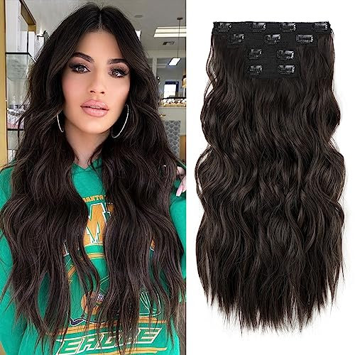 REECHO Clip in Extensions, 4PC Hair Extensions Clip in Haarverlängerungen 60 cm Dicke Lange Strandwellen Haarteile Unsichtbare Spitze Natürliche weiche Haarteile - Schwarz Braun