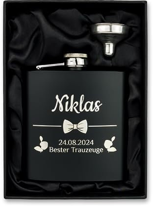 Flachmann mit Gravur aus Edelstahl personalisiert inkl. Geschenkbox und Trichter