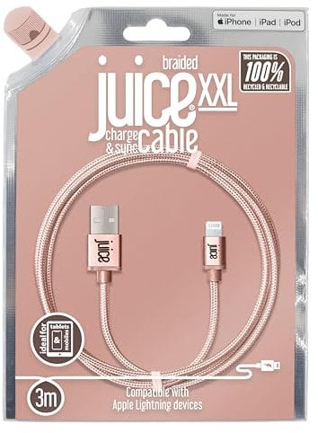 Juice Apple Lightning Cable 3m Braided Eco Rose Gold,iPhone 14, Max, Pro, Plus, iPhone 13, Max, Pro and Mini, iPhone 12, Max, Pro and Mini, iphone 11, Pro, X, Xr, iPhone 8, 7, 6, SE, 5, iPad,