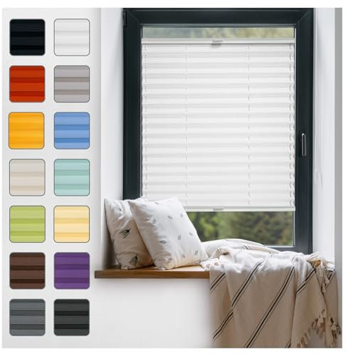 Fenster Plissee ohne Bohren zum Kleben Innenrahmen - Thermo Plisseerollo Innen - Rollo Jalousie, Halterungen auf Rahmen, Faltrollo, Sichtschutz, Blickdicht, für Fenster & Tür - Weiß, 90 x 200 cm