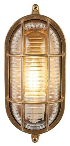 Searchlight Bulkhead Ovale Außenleuchte aus massivem Messing, geripptes Glas