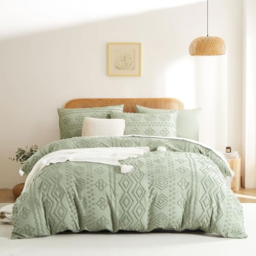 Freyamy Getuftet Bettwäsche 200x200 Vintage,Böhmen Bettwäsche sets 2tlg,Chic Geometrische Wendebettwäsche,Bohemien Wende Bettwäsche Microfaser Bettbezüge + 1 Kissenbezug 80x80 mit Reißverschlüsse,Grün