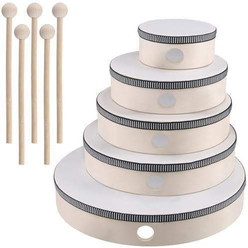 JEUIHAU 5 Pack Hand Drum Set, 4 Zoll 6 Zoll 7 Zoll 8 Zoll 10 Zoll Frame Drum Kit mit Drumstick, Holzrahmen Drum für Anfänger Party Supplies