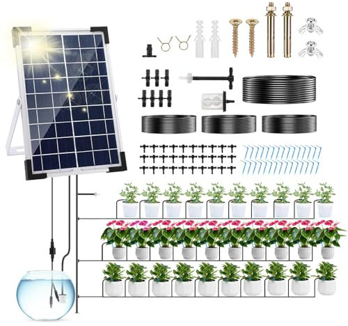 UKSUNVI Garten Drip Bewässerung System Solar Powered,5W automatische Solar Drip Bewässerung Kit Bewässerung System, Anti-Siphon Design für Topfpflanzen Gewächshaus,Timing Modes Bewässerung Geräte