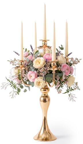 20.3'' Tall 5 Arm Gold Candelabra Centerpiece for Table, Metal &Crysyal Candle Holder, Retro Candelabra/Candlestick Table Centerpieces for Party, Events, Home, Wedding Decor (1pc, Gold)