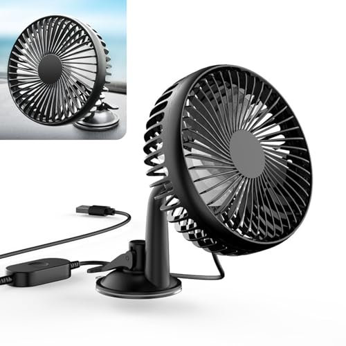 nodteem 1 x kleiner Auto-Armaturenbrett-Ventilator, 13 x 17,5 x 6,5 cm, 12/24 V, Drei-Blatt-Einkopf-Drei-Gang-verstellbare USB-Schnittstelle, zerstörungsfreie Saugnapf-Montage, Auto-Ventilator, für