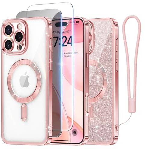 Meifigno Cover per iPhone 16 Pro Max,[Compatibile con MagSafe][1x HD+1x Anti peeping Prottetiva][Cartone splendente & Corda sospesa] Protezione completa delle lenti per 6.9 Pollice, Oro Rosa