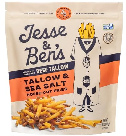 Jesse & Ben's House-Cut Tallow & Sea Salt Fries, Made with Grass-Fed Beef Tallow, Gluten-Free, Non-GMO Frozen Potatoes, Healthy Snack with No Seed Oils, Crispy Air Fryer Treat with 3 Ingredients