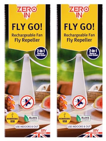 Zero In Fly Go! Fly Repellent Fan - 2 Pack - USB Rechargeable Fly Fans for Tables, Spinner Away Flying Pests, Perfect Outdoor & Indoor Deterrent for Dining, Barbecues and Picnics