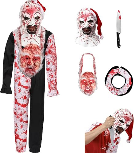 Claofoc Terrifier Kostüm Art the Clown Cosplay Erwachsene Outfits der Killer Clown Jumpsuit Bodysuit mit Maske für Halloween Karneval (Blutig, M)