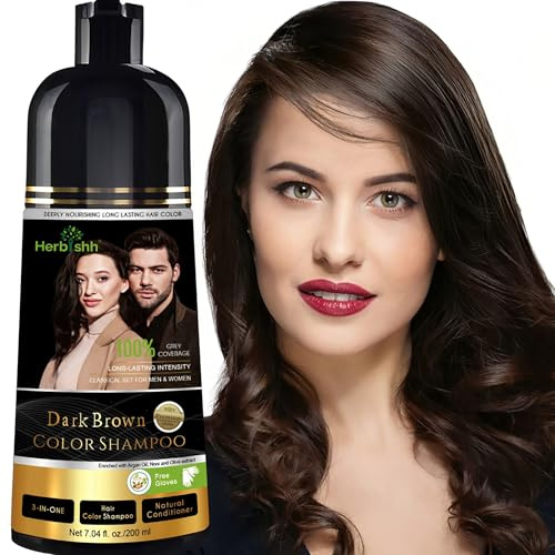 Herbishh - Champú de color marrón oscuro, champú tinte para el cabello 3 en 1, cobertura 100% de canas, color de cabello para hombres y mujeres, color duradero en 20-25 minutos, sin amoníaco, 200 ml