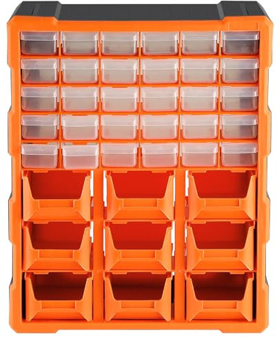 DIY Tool Bits Storage Organiser, 39 Multi Drawers Plastic Cabinet Box for Garage Workshop, Small Parts Hardware and Craft Cabinet Orange Wall Mount