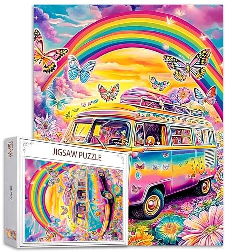 Graffitic Bus Puzzles 1000 Stück für Erwachsene, Familien (Auto,Auto,Regenbogen,Schmetterling,Blume) Stücke passen perfekt zusammen 19.7''x27.6''inch Landschaft Frameable Magic Puzzle Art(Red)