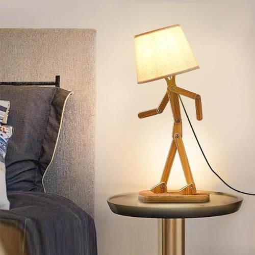 ELINKUME Nette Tischlampe,Holz Mann Nachttischlampe mit Kreativem Wippe Arm,Runder Lampenschirm Tischleuchte,Fun Kids Nachtlicht für Haus Dekoration,Studie und Arbeit Beleuchtung(E14 Birne)