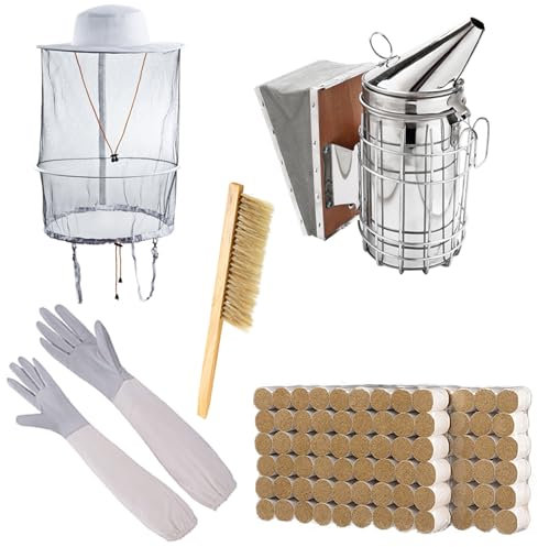 ZffXH Imkerwerkzeugsatz, 5 Bienenstock Raucher, 108 Räucherkugeln, Ziegenlederhandschuhe Größe XL, Imkerhut,Pinsel, Imkerzubehör für den Imkerbedarf, Starterkit