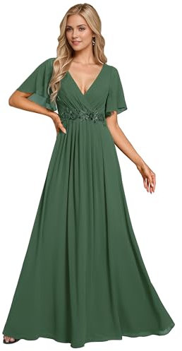 Ever-Pretty Elegantes Vestidos de Noche Vestidos de Novia Extra Largos Vestidos de Invitada de Mujer Cuello en V de Gasa de Cintura Alta Verde Eucalipto 36