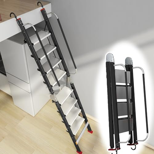 Foldable Loft Ladders with Non-slip Handrails, Aluminum Attic Ladder Loft Stairs 8-14 Steps, Space-Saving Basement/Window Well Escape Ladder(Black,13 step-375cm (147.6))