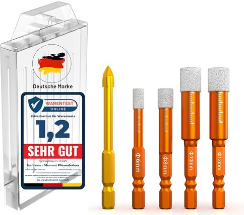 Bachsam® hochwertige Diamantbohrer Set 6,8,10,12mm, Fliesenbohrer, Glasbohrer, Keramikbohrer Porzellanbohrer Feinsteinzeugbohrer Granitbohrer – Bohrkrone Set Fliesen Diamant mit Sechskantschaft.