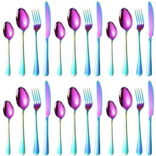 CHUENHEI Besteck Set 6 Personen Regenbogen, 24 Stück Besteckset Regenbogen Edelstahl, Camping Besteckset Bunt Inklusive Löffel, Gabel und Messer, Spülmaschinenfest Metallbesteck