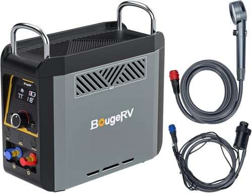 BougeRV Tragbarer Durchlauferhitzer mit Wasserpumpe und Duschkopf, DC 12V/6kW Gas-Durchlauferhitzer mit eingebautem Akku zum Duschen und Reinigen, für im Freien, Camping und Gartendusche