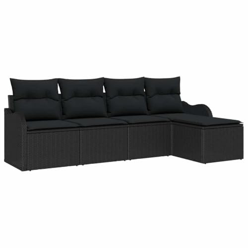 vidaXL Garten-Sofa-Set mit Kissen 5 pcs Schwarz Poly Rattan, Garten und Terrasse, modernes, modulares Sofa Set, wetterfestes Design, verstellbare Füße, langlebige Möbel