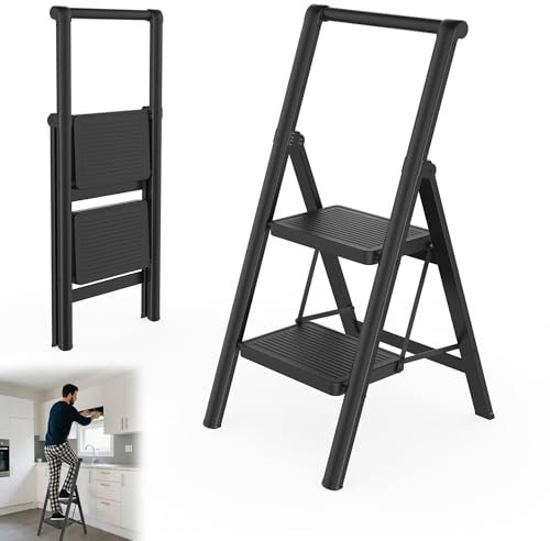 YRHome Escalera plegable de 2 peldaños con pedal ancho antideslizante y pasamanos, escalera multifuncional para el hogar, hasta 250 kg, color negro
