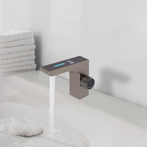 Wasserhahn Bad mit LED-Temperaturanzeige 17x15.5cm Edelstahl Waschtischarmatur Badarmatur Waschbeckenarmatur Küche Wasserhahn Armaturen bad mit 2 Schläuchen