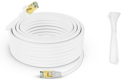 Werkybay 40m CAT 7 Patchkabel Netzwerkkabel,10 Gigabit 600MHz Highspeed LAN-Kabel&RJ45 Ethernet Kabel(Weiß Wasserfest S/FTP), für Router, Modem, PC, Switch, Patchpanel, Server usw.+25 Kabelbinder