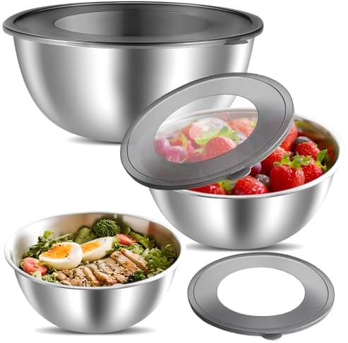 Mixing Bowl Set of 3-Stainless Steel Nesting Salad Bowl with 3 Transparent Airtight Lid ,Space-Saving Storage Metal Bowl for Serving, Baking & Food Storage, 18/22/26cm