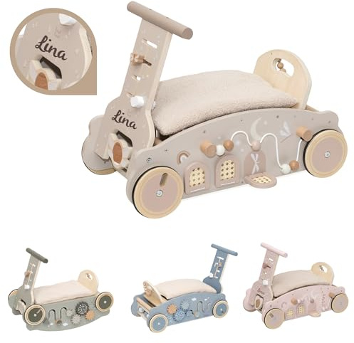 3in1 Lauflernwagen aus Holz personalisiert Nougat – Lauflernhilfe, Rutscheauto & Wippe in einem – Montessori Motorikspiel – Stabiler Baby Schiebewagen für erste Schritte – Geschenk zum 1. Geburtstag