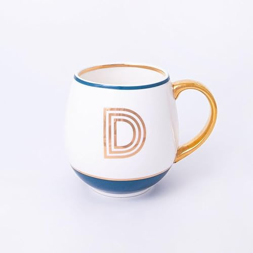 Bombay Duck Library Monogram Fine Bone China Mug, White & Blue with Pink & Gold Details, 450ml, Striped Gift Box, Hand Wash Only, Letter D