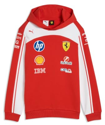 PUMA Scuderia Ferrari F1 2026 Kinder Team-Hoodie - Rot | Gerippte Manschetten und verstellbarer Zugkordelkapuze, Alle neuesten Team- und Partnerlogos
